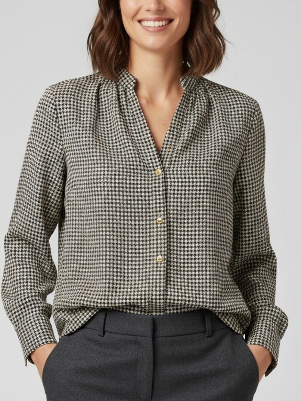 🟣 XS Smart Set Houndstooth Geometric V-Neck Long Sleeve Button-Down Blouse